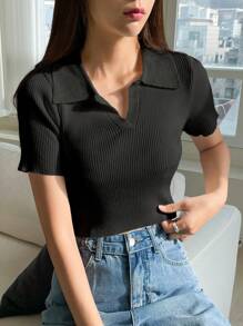 DAZY Top De Punto De Color Sólido Con Cuello De Solapa - Negro - Ver 4