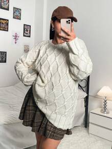 Flirla Plus Raglan Sleeve Solid Sweater Knit Pullover Fall Winter Sweater - Beige - View 1