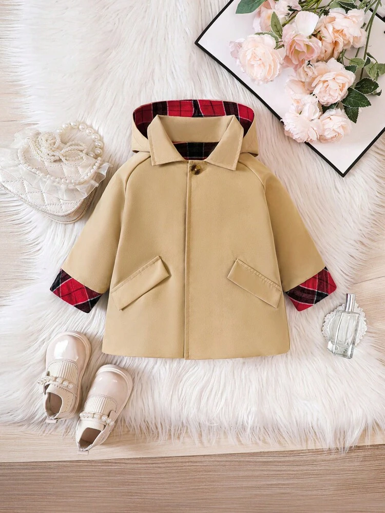 Baby Boy Plaid Raglan Sleeve Hooded Trench Coat