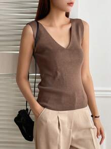 DAZY 素色V領背心上衣 - 駝色 - 查看 7