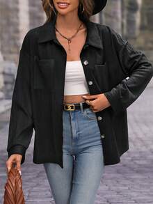 SHEIN LUNE 落肩袖口袋貼布外套 - 黑色 - 查看 6