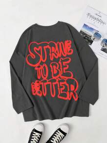 SHEIN EZwear Plus Slogan Áo thun trễ vai có đồ họa - Xám - Xem 1