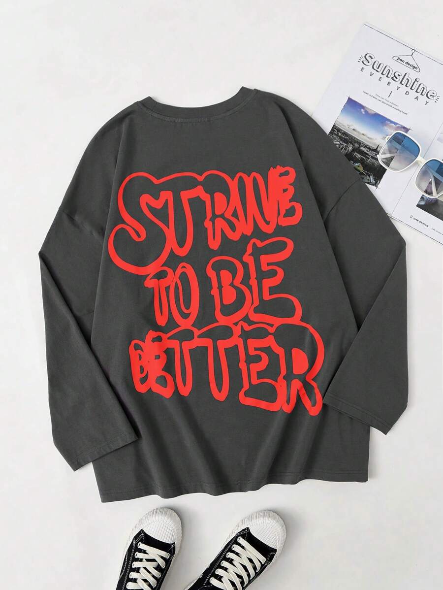 SHEIN EZwear Plus Slogan Áo thun trễ vai có đồ họa - Xám - Xem 1