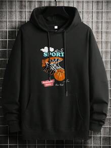 Men Basketball & Letter Graphic Drawstring Hoodie - Black - View 1