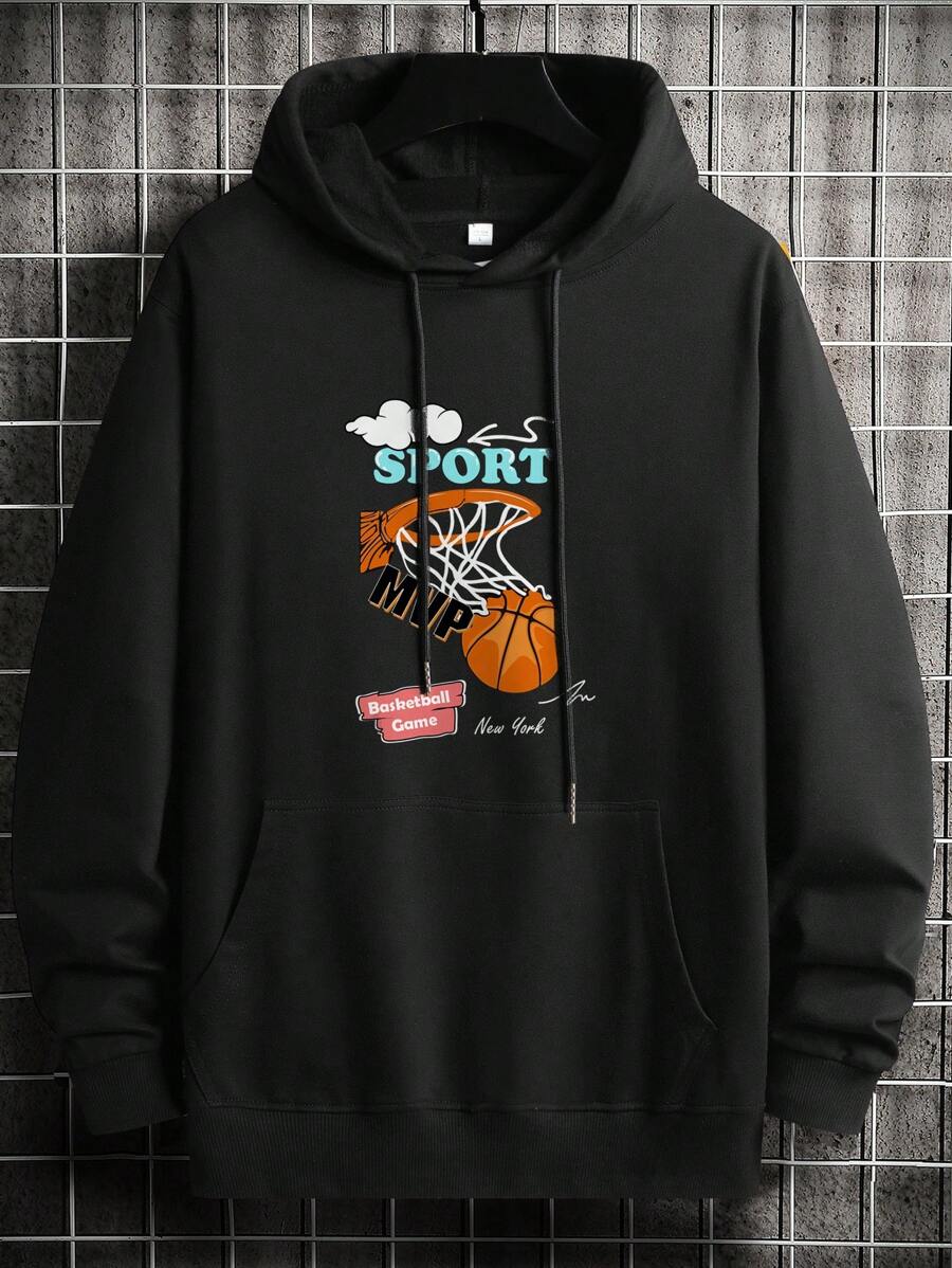 Men Basketball & Letter Graphic Drawstring Hoodie - Black - View 1