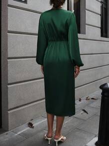 SHEIN Clasi 燈籠袖側打結圍裹緞面洋裝 - 墨綠色 - 查看 2
