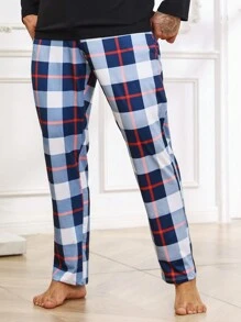 Men Plaid Print PJ Pants - Navy Blue - View 4