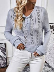 SHEIN LUNE Suéter de punto con botones a la mitad y diseño de calado para otoño e invierno - Azul - Ver 1