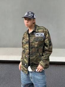 Manfinity Men Camo Print Letter Patched Drop Shoulder Denim Jacket - Army Green - View 4