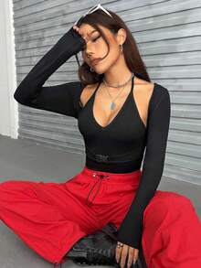 SHEIN EZwear 素色繞頸連身背心 - 黑色 - 查看 4