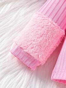 女嬰拼接毛茸茸拼塊羊絨領口前紐扣夾克和褲子 - 玫紅色 - 查看 5