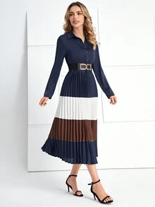 EMERY ROSE 撞色百褶下擺襯衫洋裝 - 藏蓝色 - 查看 5