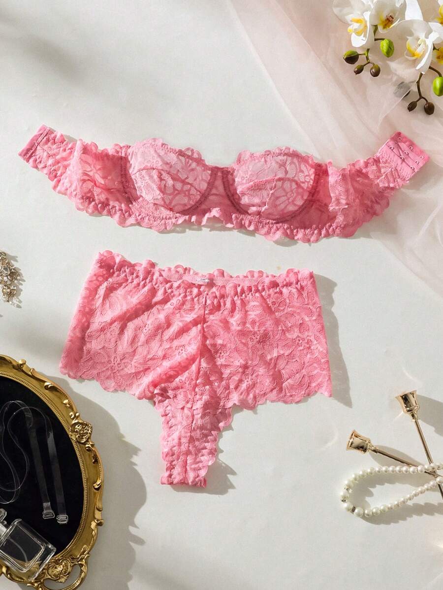 SHEIN Floral Lace Underwire Lingerie Set - Pink - View 1