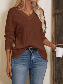 SHEIN LUNE Chất rắn Áo thun Thả vai - Cà phê nâu - Xem 5