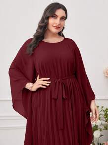 Modelyn Burgundy Red Plus Solid Pleated Belted Dress - Burgundy - View 4