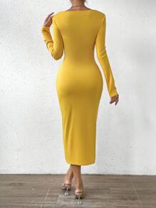 SHEIN Clasi Surplice Neck Split Thigh Ruched Bodycon Dress - Yellow - View 2