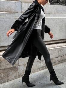 EURMUSE Borg Collar Belted PU Leather Coat - Black - View 5