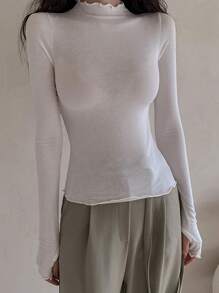 DAZY Chất rắn Cổ giả Ren Mộc nhĩ Áo - trắng - Xem 9