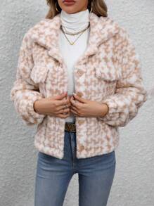 SHEIN Clasi Allover Pattern Flap Detail Drop Shoulder Teddy Jacket - Khaki - View 1