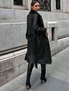 EURMUSE Borg Collar Belted PU Leather Coat - Black - View 2