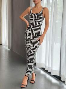 SHEIN Privé Allover Print Tank Bodycon Dress - Black and White - View 3