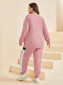 SHEIN LUNE Plus Contrast Side Seam Sweatshirt & Sweatpants - Dusty Pink - View 2