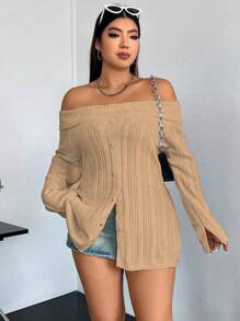 Flirla Áo len chui đầu trễ vai cài nút phía trước, kiểu dáng thu đông. - Màu be - Xem 6