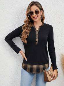 EMERY ROSE Plaid Print Half Button Tee - Khaki - View 7