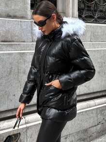 Cloudara Fuzzy Trim Hooded Belted Padded Coat - Black - View 4