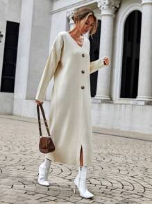 EURMUSE Button Detail Split Hem Drop Shoulder Sweater Dress - Beige - View 3
