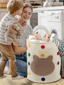 SHEIN Basic living 1入組波點卡通小熊玩具收納各種各樣桶臟布收納便攜毛氈籃子 - 米色 - 查看 2