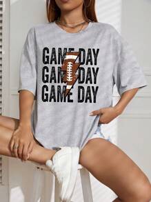 SHEIN EZwear Letter Graphic Drop Shoulder Tee - Grey - View 1