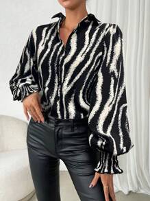 Rafferiza Geo Print Lantern Sleeve Shirt,Long Sleeve Tops - Black and White - View 1