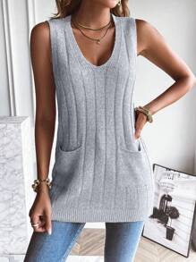 EMERY ROSE Dual Pocket Split Hem Sweater Vest Without Blouse