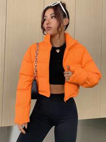 SHEIN EZwear Zip Up Crop Padded Coat For Winter - Orange - View 3