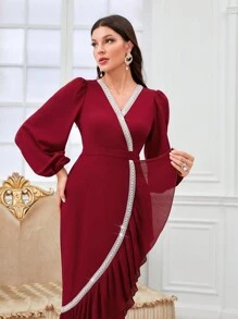 Modelyn 勃艮第红灯笼袖荷叶边裹身下摆连衣裙 - 酒紅色 - 查看 4