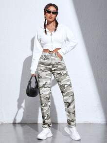 SHEIN PETITE Eo cao Camo Quần jean - Nhiều màu - Xem 4