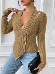 Chiquease Ngọc trai đính cườm Viền không đối xứng Halter Neck Đồ đan Ribbed Áo len Mở - Lạc đà - Xem 5