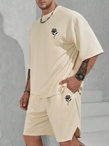 Manfinity Homme Men's Plus Size Loose-Fit Floral Print T-Shirt & Shorts Set - Apricot - View 1