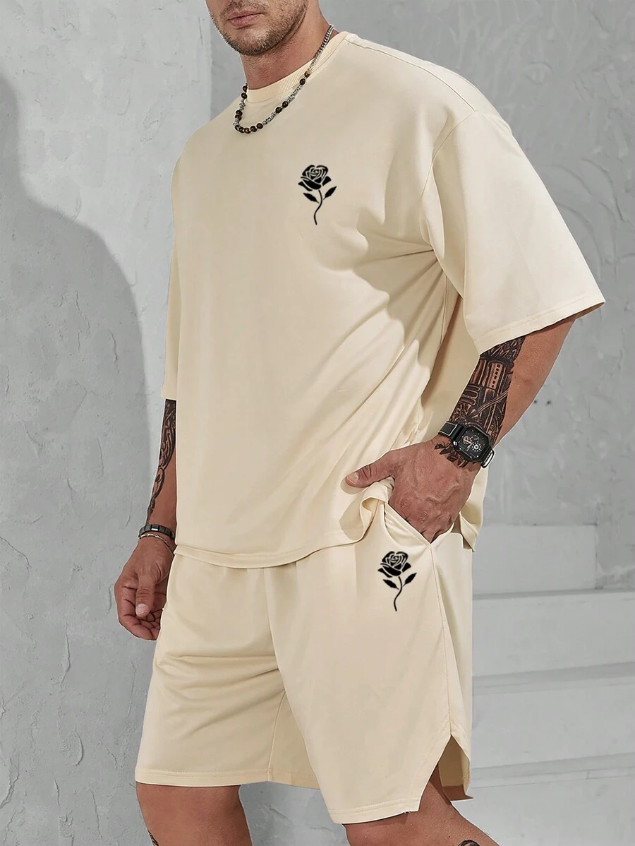 Manfinity Homme Men's Plus Size Loose-Fit Floral Print T-Shirt & Shorts Set - Apricot - View 1