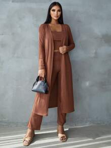 SHEIN PETITE Solid Cami Top & Pants & Open Front Coat - Brown - View 4