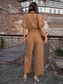 SHEIN LUNE Áo liền quần nữ Thắt lưng Túi Nút phía trước màu trơn Giải trí - Màu Khaki - Xem 2