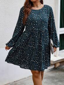 Calvaya Plus Dalmatian Print Ruffle Hem Dress - Dark Green - View 1