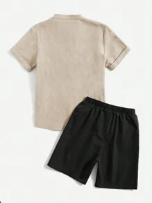 SHEIN Cậu bé Tween Chất rắn Nút phía trước Áo sơ mi & Quần short - Màu Khaki - Xem 2