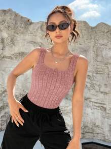 SHEIN EZwear Solid Ribbed Knit Bodysuit - Dusty Pink - View 5