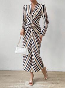 SHEIN Privé Striped Print Twist Front Asymmetrical Hem Dress - Multicolor - View 5