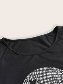 ROMWE Grunge Punk Camiseta con patrón de calavera y estrella con rhinestones, escuela