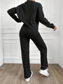 SHEIN Cottnline Letter Graphic Drop Shoulder Tee & Pants PJ Set - Dark Grey - View 2