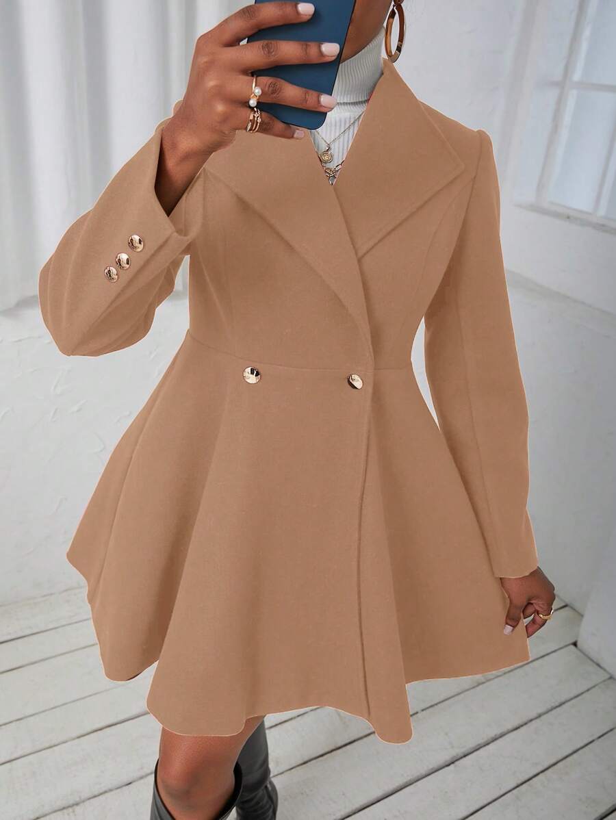 SHEIN LUNE Cổ áo thác nước Nút đôi Áo khoác - Màu Khaki - Xem 1