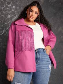 SHEIN CURVE+ 大碼流蘇邊拉鏈開襟花呢外套 - 紅色 - 查看 5